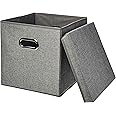 Amazon Basics Foldable Burlap Cloth Cube Storage Bin With Lid, Set of 2, Gray
