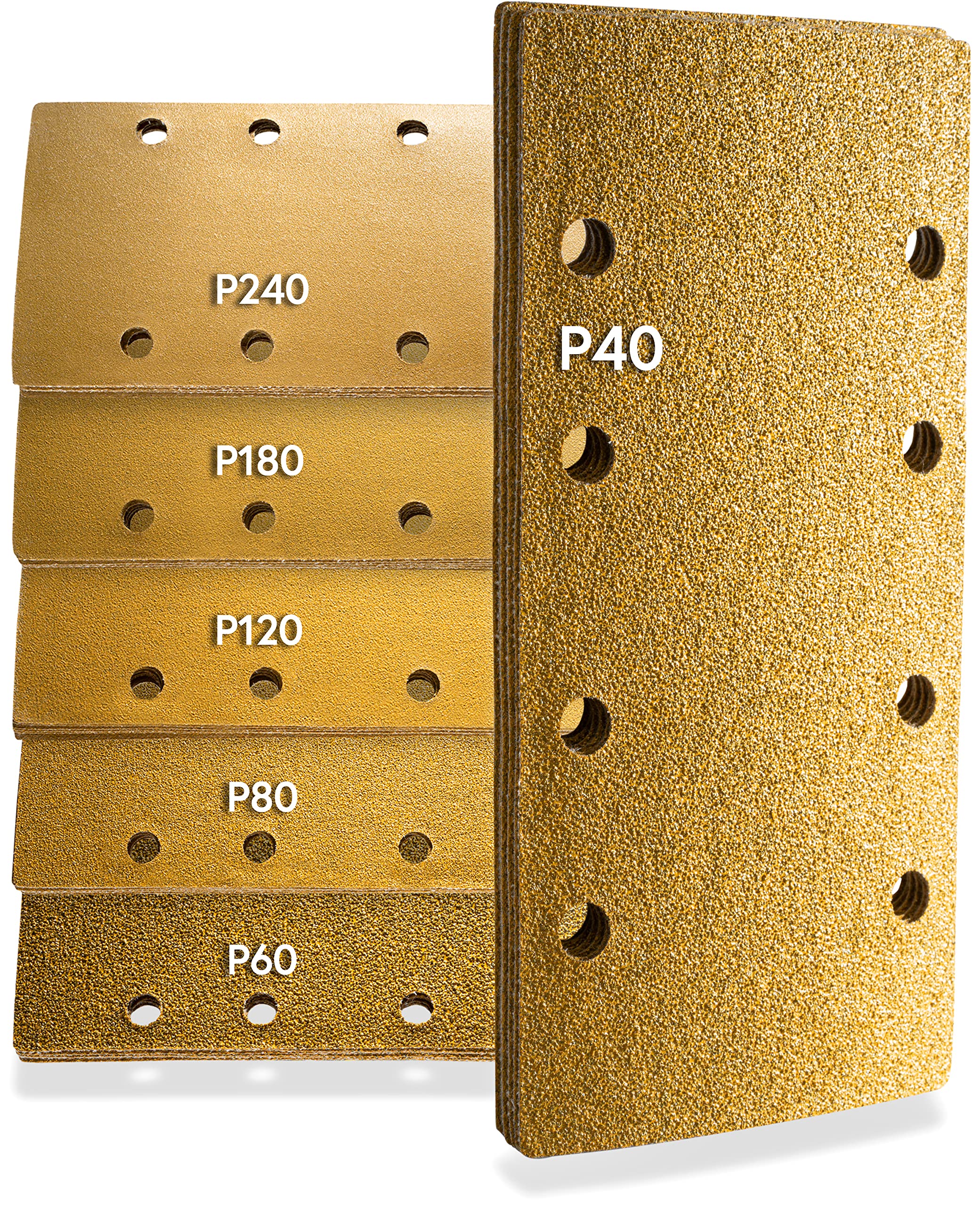 INNONEXXT Professional Sanding Sheets | 60 Pcs., 93 x 186 mm. 8 Holes Gold | Hook and Loop Sandpaper, Sanding Sheets for Sander, Sandpaper Pads, Electric Sander | 10 x P40,P60,P80,P120,P180,P240