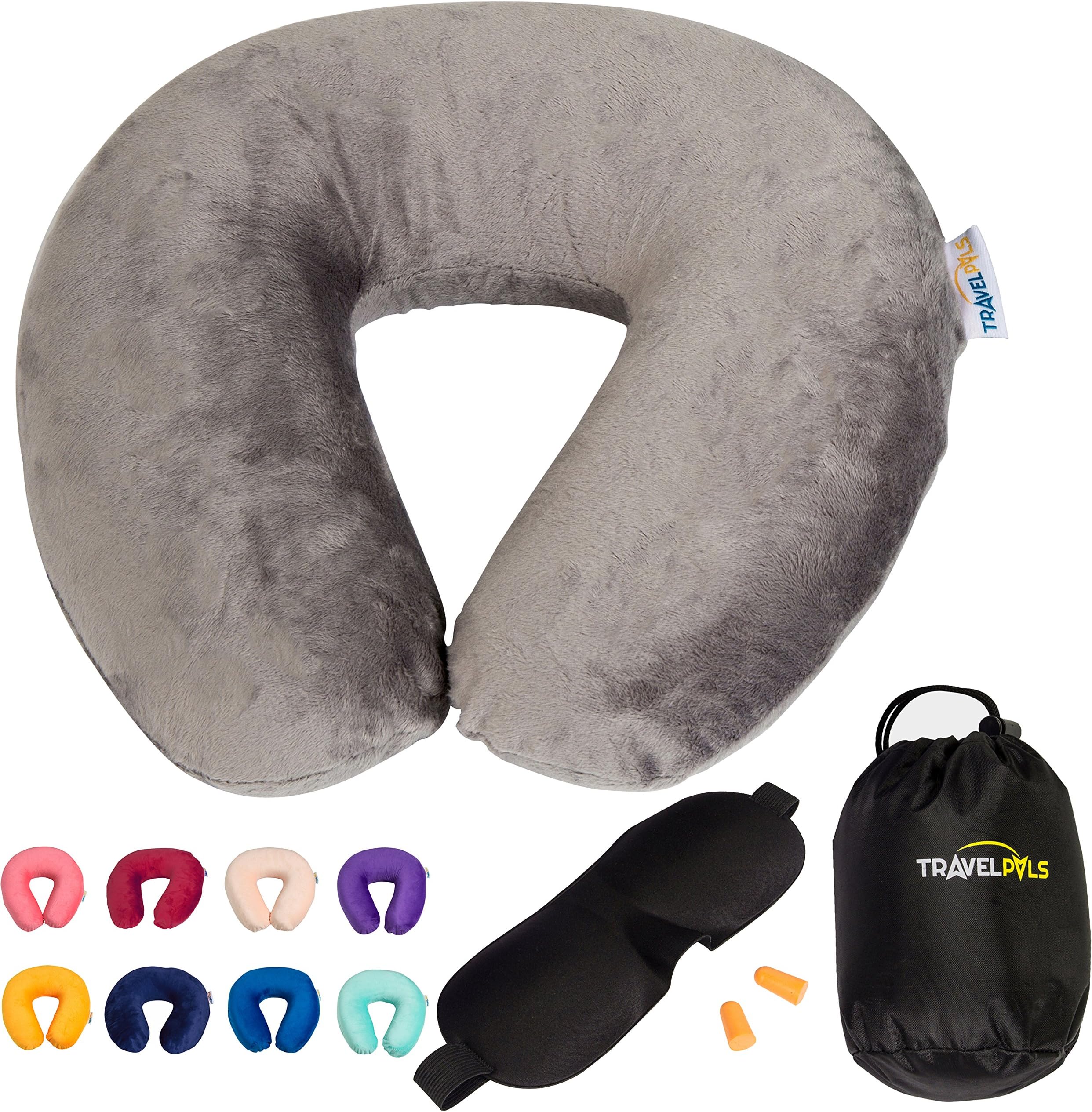 TRAVELPALS Airplane Neck Pillow 3-In-1 Set - Grey Memory Foam Airplane Pillow & Flight Pillow (Travel Pillows For Airplanes, Neck Pillow For Airplane Travel)