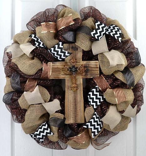 Cross Wreath Year Round Wreath Mom Gift Black Burlap White Rustic Front Door Wreath - 