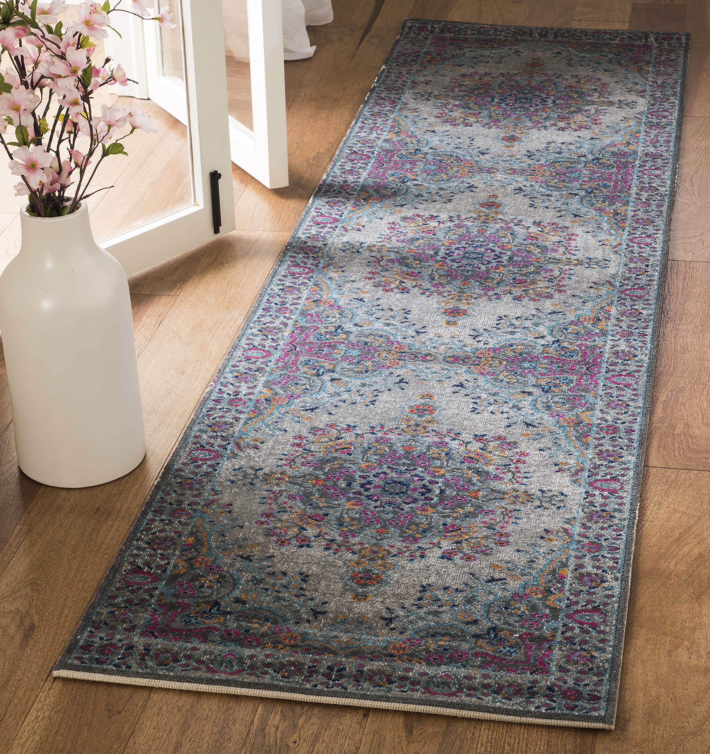 Safavieh Vintage Inspired Indoor Woven Runner Area Rug, Artisan Collection, ATN334, in Grey / Fuchsia, 66 X 244 cm for Living Room, Bedroom or Any Indoor Space