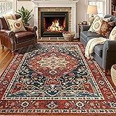 YJ.GWL Area Rugs for Living Room 4x6 Machine Washable Rugs for Bedroom, Non Slip Floral Vintage Rug Indoor Carpet, Stain Resistant Throw Rug for Dining Room Kitchen, Orange-Red
