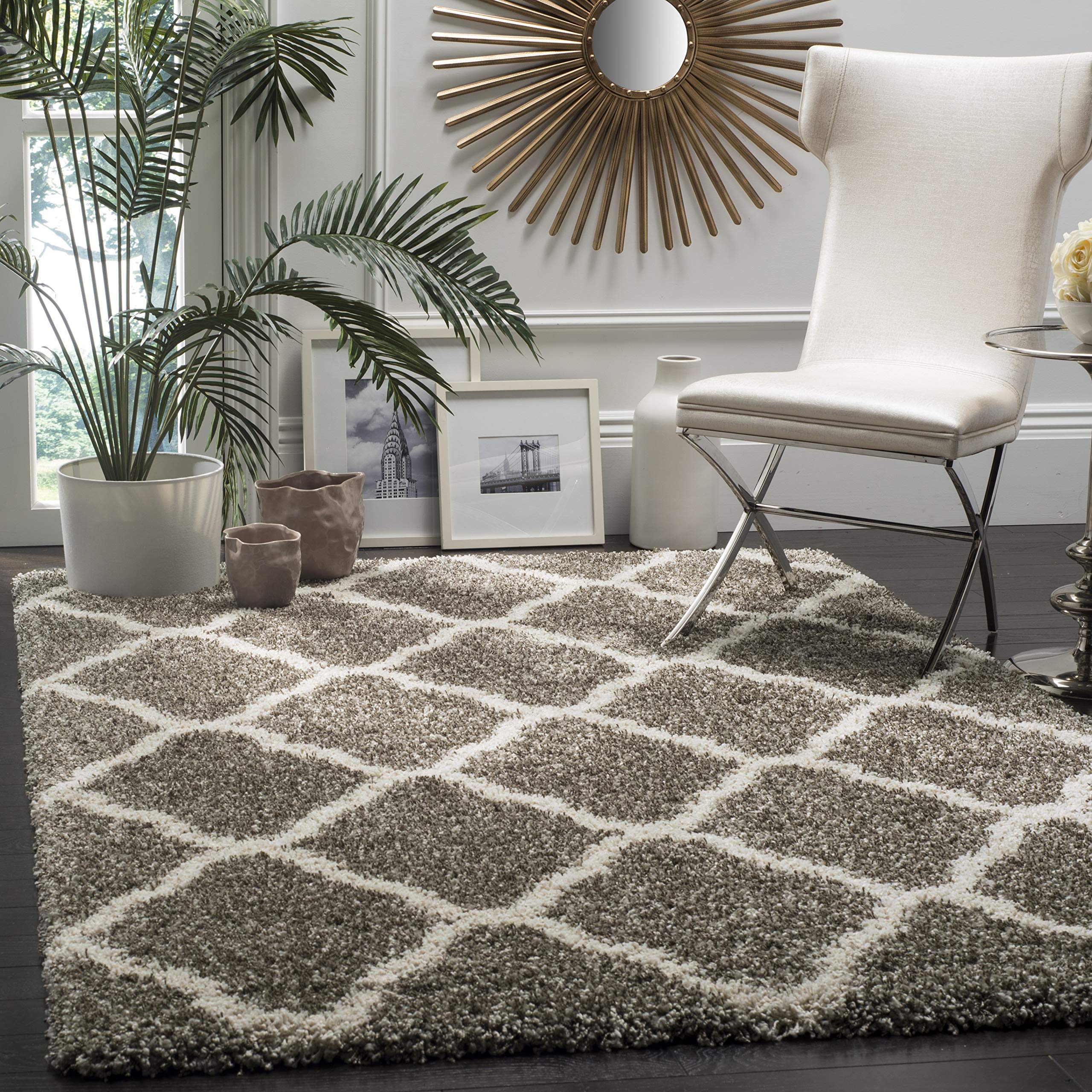 SAFAVIEH Hudson Shag Collection Area Rug - 9' Square, Grey & Ivory, Moroccan Trellis Design, Non-Shedding & Easy Care, 2-inch Thick Ideal for High Traffic Areas in Living Room, Bedroom (SGH283B) Image