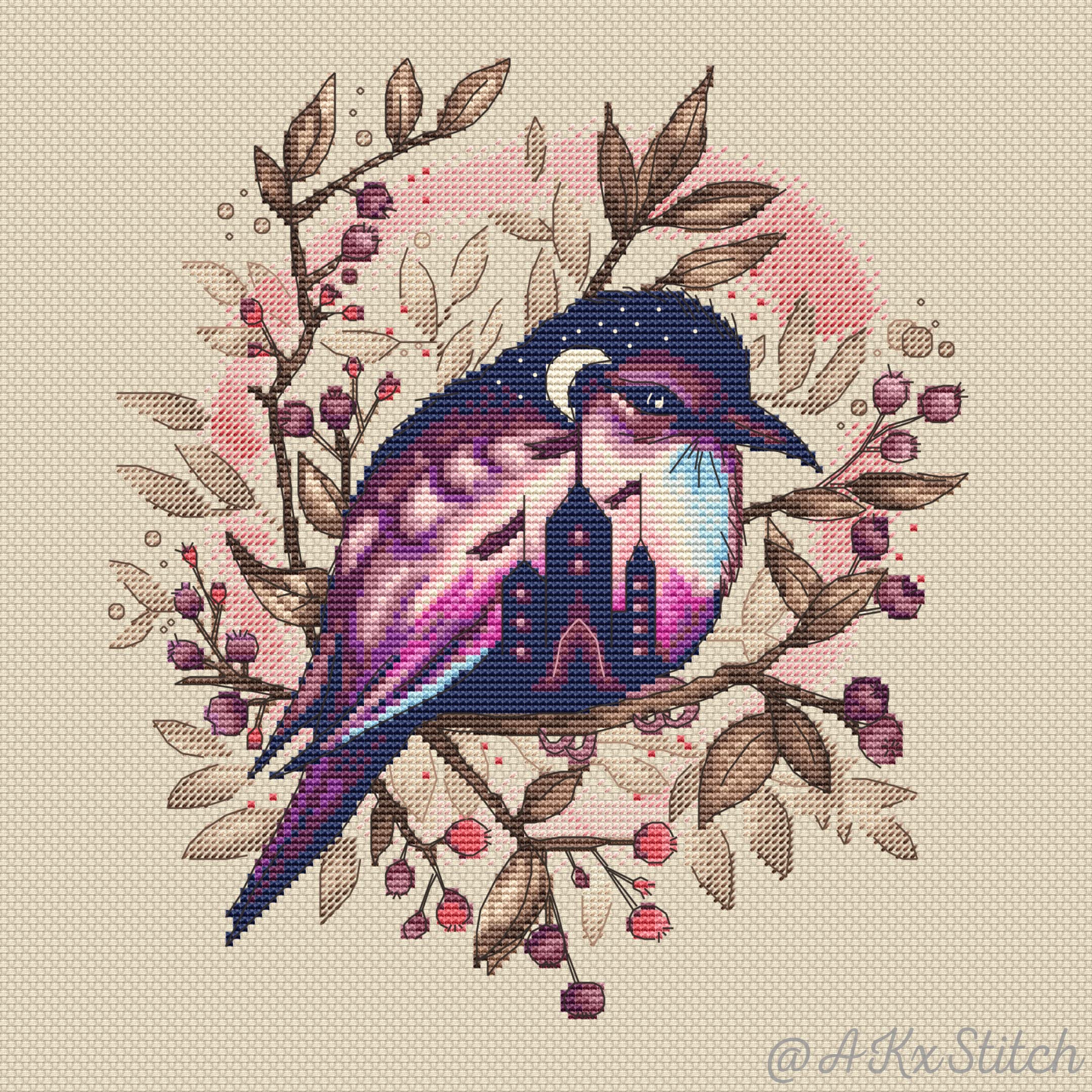 Fantasy Bird Cross Stitch Kit, Pink Purple Floral Embroidery Pattern of Moon & House in Twilight Dusk, Magic Night Time Story Design Chart