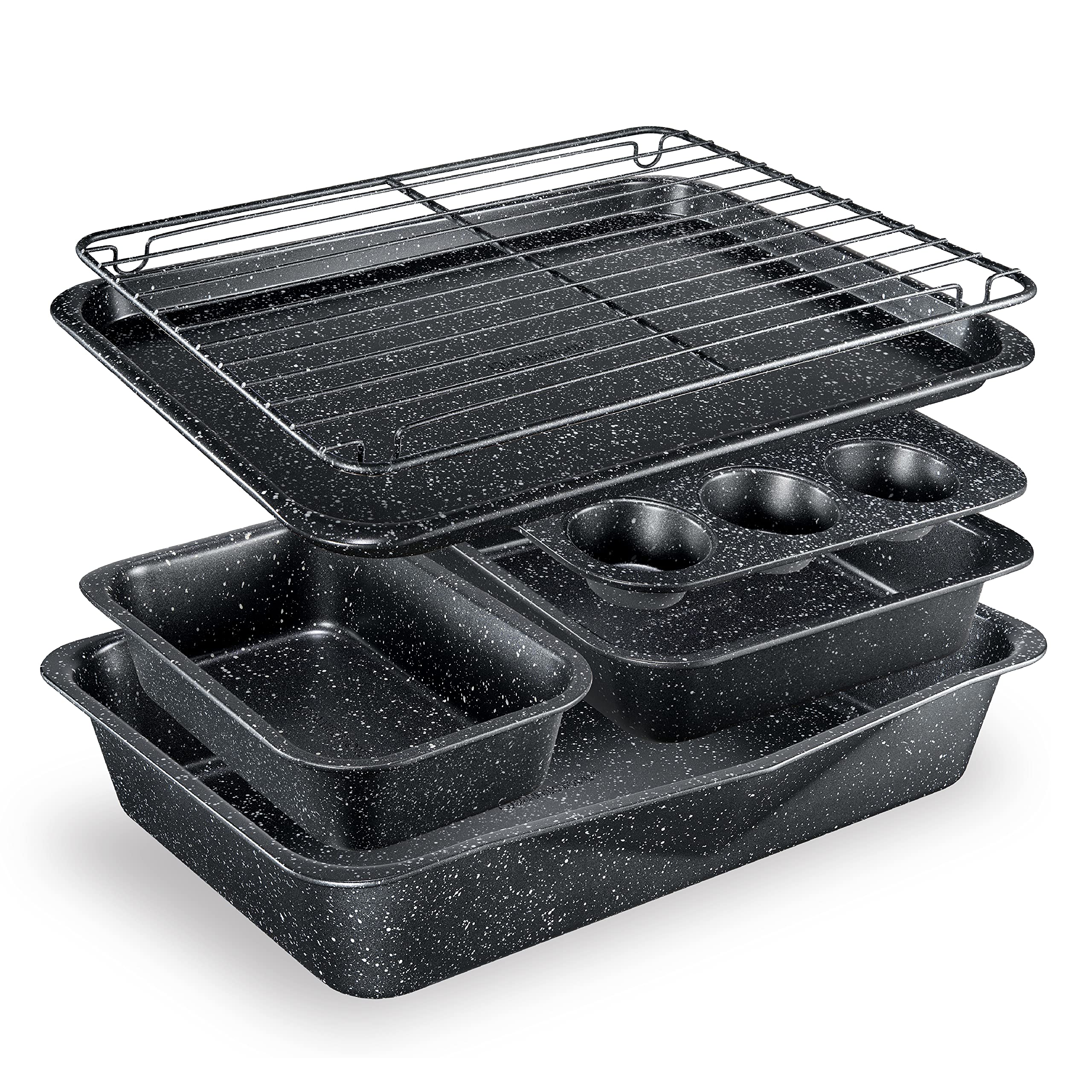 Granitestone Black 5 Pc Nonstick Bakings Pans Set With Cookie Sheet, Loaf Pan, Muffin Pan and Cake Pans, 0.8MM Gauge Alumized Steel, Bakeware Sets, Oven and Dishwasher Safe