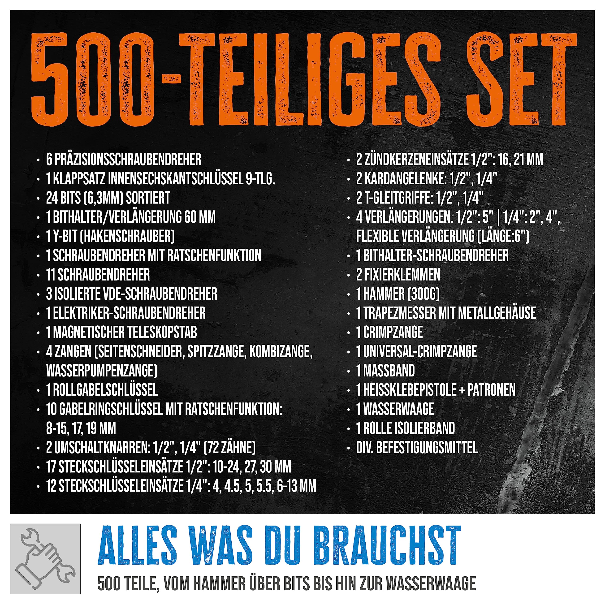 Güde 39004 Werkzeug-Trolley GWZT 500 (500-teiliges Werkzeugset aus Chrom-Vanadium- und Carbon-Stahl in praktischem Rollkoffer) Blau Schwarz 5