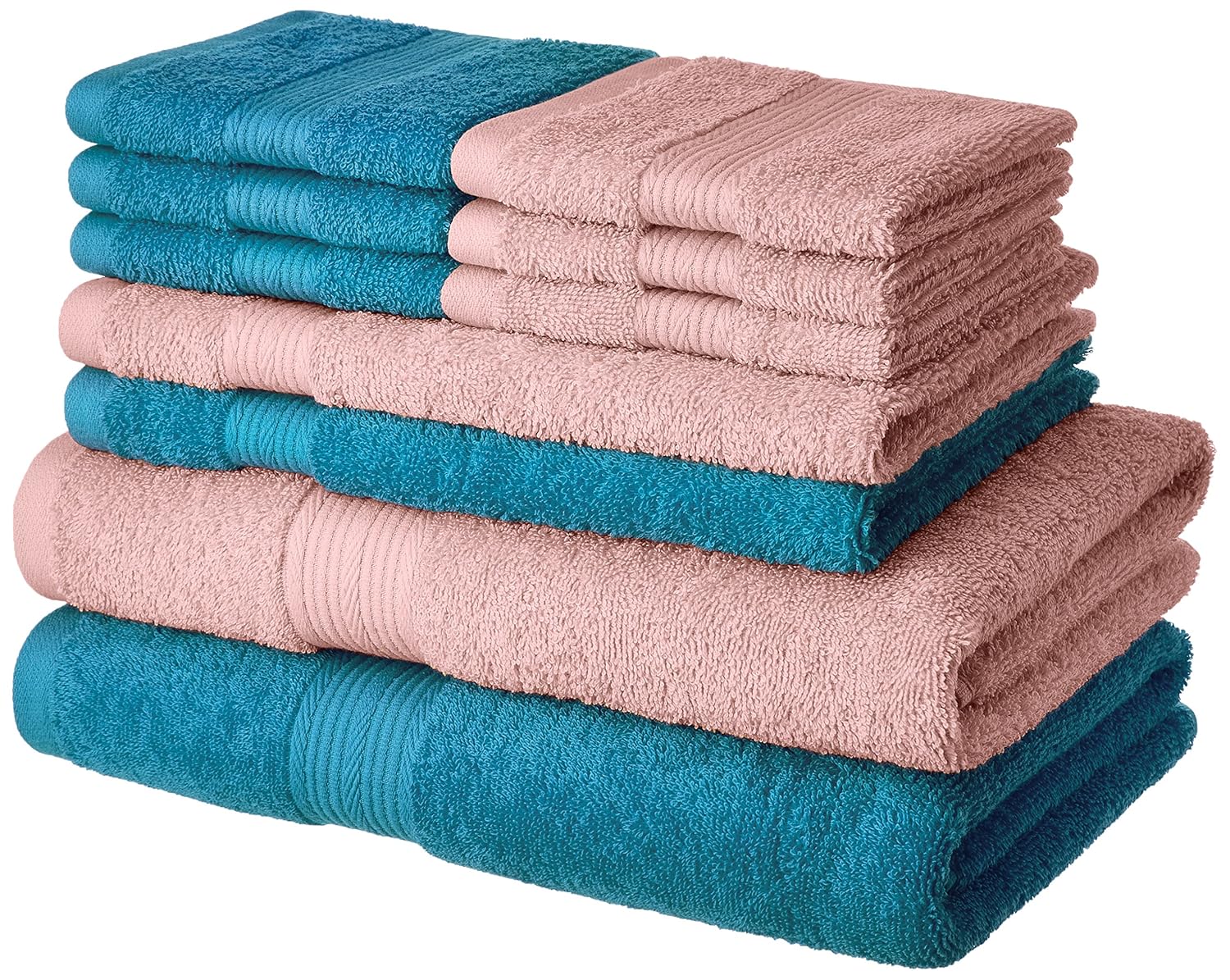 Amazon Brand Solimo 100 Cotton 10 Piece Towel Set, 500 GSM (Turquoise Blue and Baby Pink
