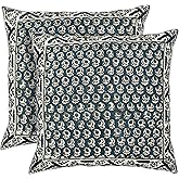 Ridhi Hand Block Print Peacock Blue 20"x20" Set of 2 - Modern Farmhouse Pillow Covers Decorative Cotton Throw Covers with Border for Couch, Sofa, Bed, Living Room Gift Spring, Easter, Valentine