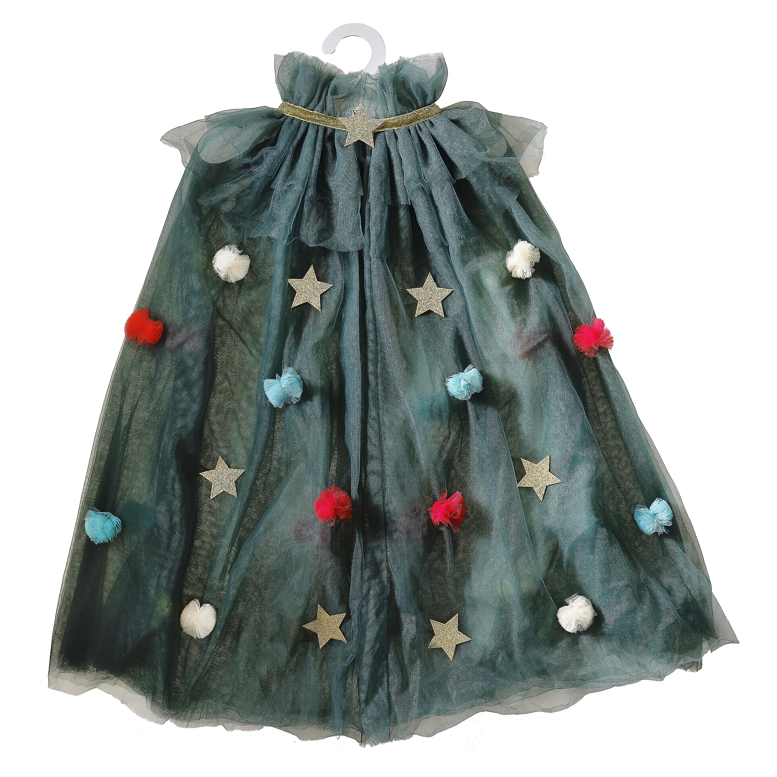 Ginger Ray Girls Christmas Tree Cape with Pom Poms and Stars for Costume Parties