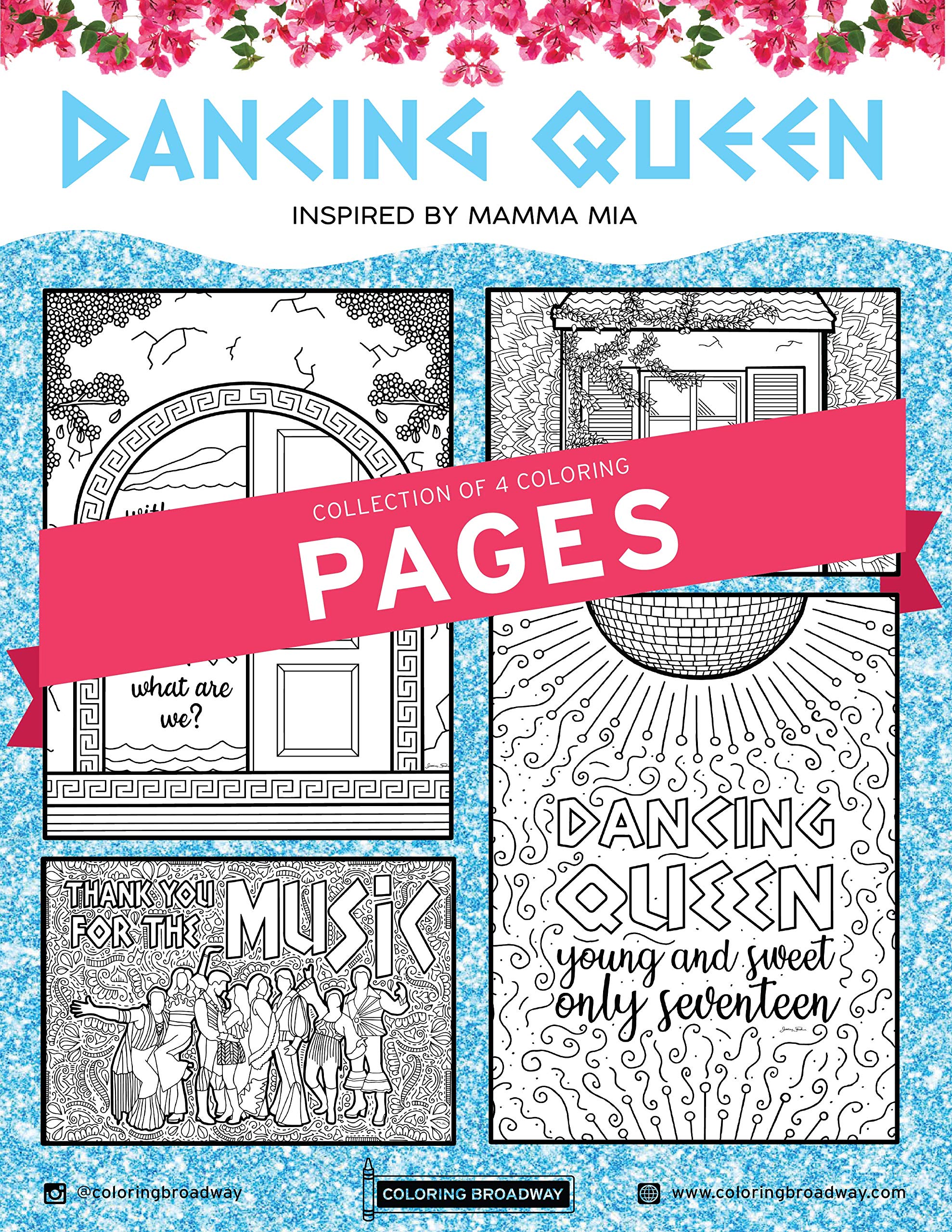 Coloring Broadway - MAMMA MIA inspired Coloring Pages (Set of 4) “Dancing Queen” Collection, Broadway Musical Merchandise, Printed on Matte Card Stock (8 1/2” x 11”), Ideal Gift for a Broadway Theater
