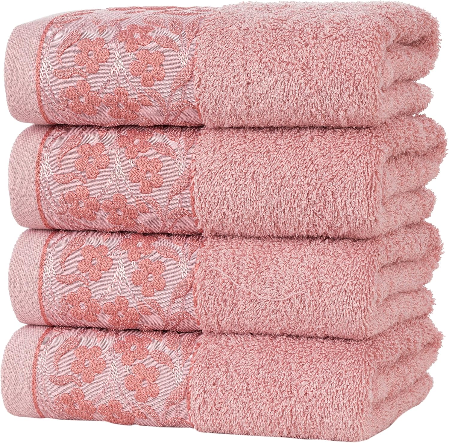 [4-Pack] HYGGE Large Luxury Turkish Cotton Towel Set Soft Plush Kitchen Bathroom Hotel & Spa Decor Hand Towels with Decorative Floral Pattern 19" x 32" (Flamingo Pink): Kitchen & Dining