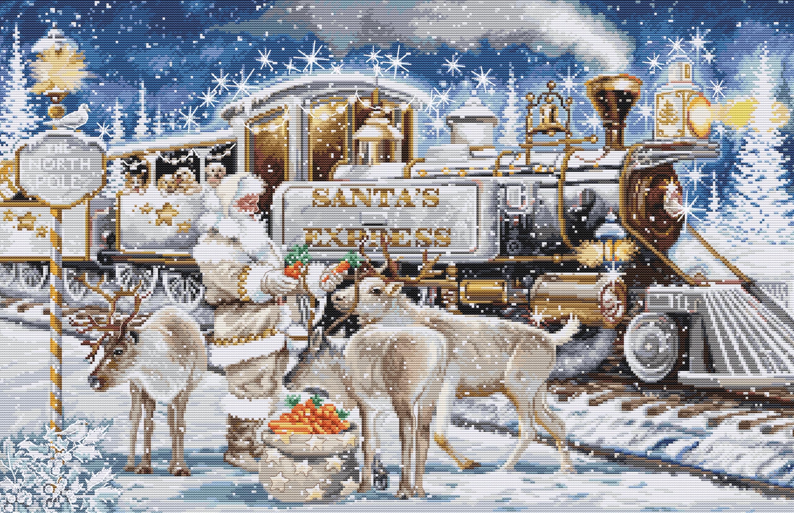 Luca-S Cross Stitch Kit Gold - Santa’s Express White, BU5038, Counted Cross Stitch Kit for Adults, Needlecraft and Embroidery Kit