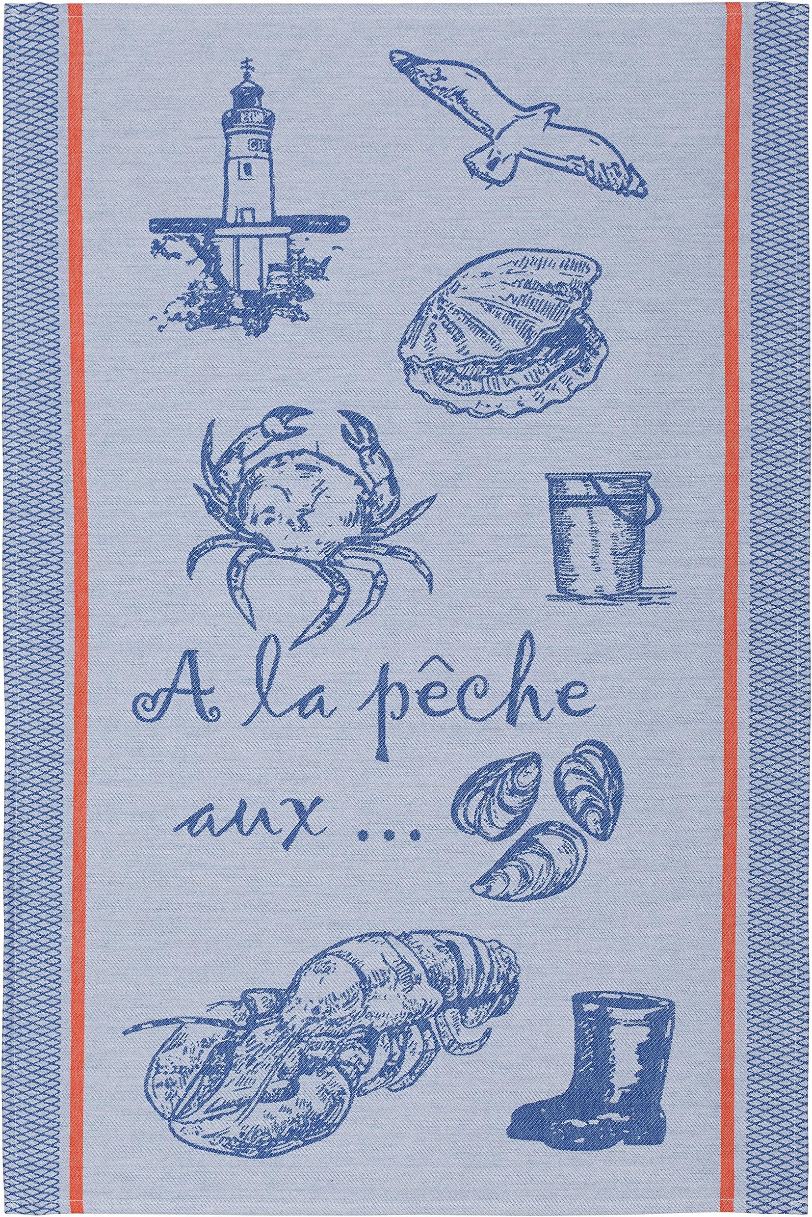 Coucke French Cotton Jacquard Towel French Table Collection, A La Peche (Seafood) FB, 20-Inches by 30-Inches, Blue