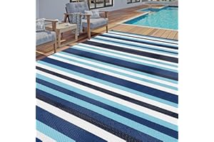 HUGEAR Outdoor Plastic Straw Rug, Waterproof Mat, Washable Large Floor Mat and Rug for Outdoors, RV, Beach, Patio, Camping, Backyard, Deck, Picnic, Trailer,Indoor Outside (8x10ft,Stripe/Blue&White)