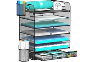 Delifox 7-Tier Paper Letter Tray Organizer for Desk, Mesh File Holder Organization Document Storage with Drawer & 2 Pen Holders for School Office Home