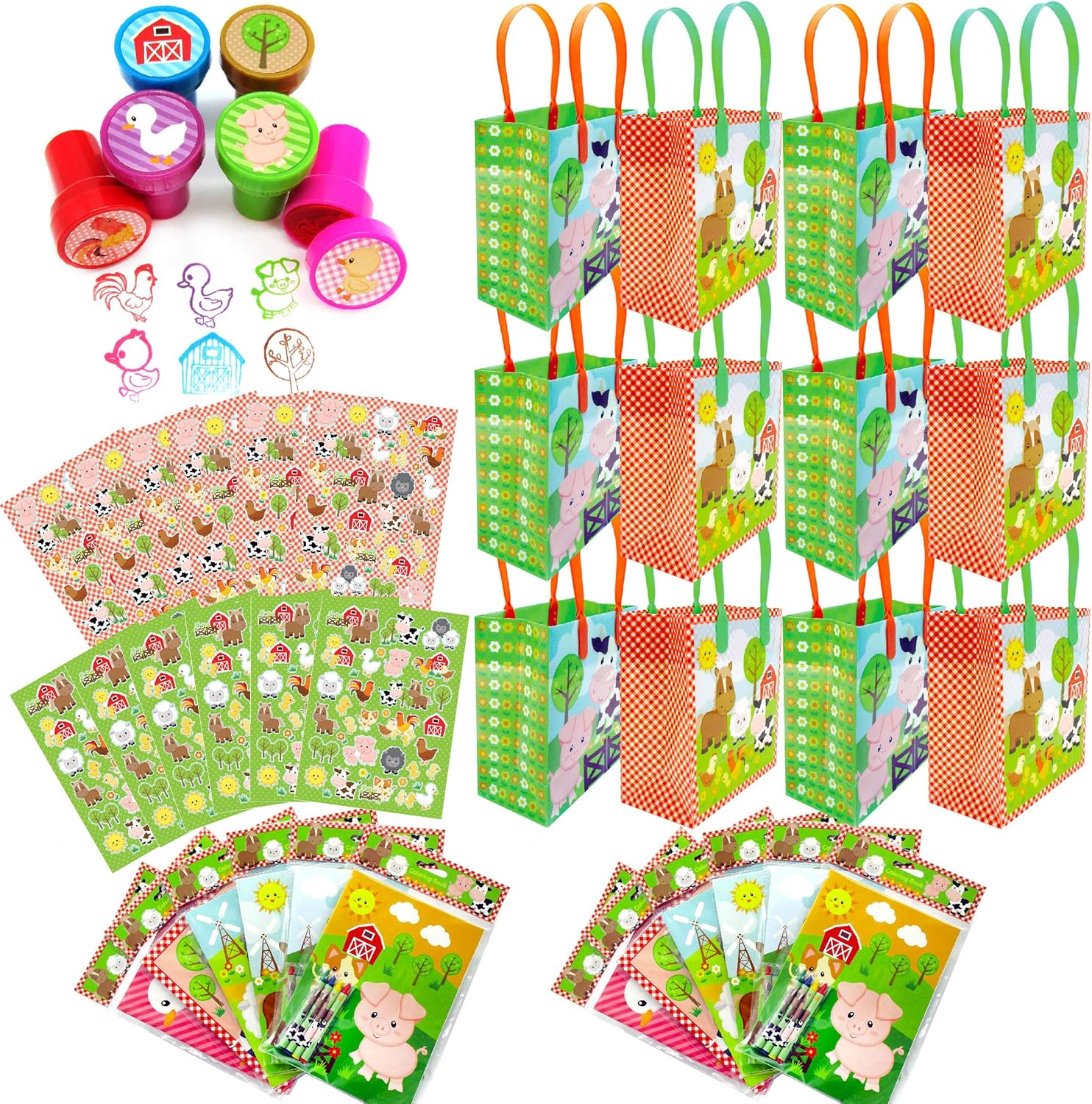 TINYMILLS Barnyard Animals Birthday Party Assortment Favor Set of 108 pcs (12 Large Party Favor Treat Bags with Handles, 24 Self-Ink Stamps for Kids, 12 Sticker Sheets, 12 Coloring Books, 48 Crayons)