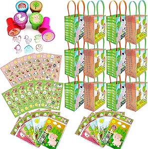 TINYMILLS Barnyard Animals Birthday Party Assortment Favor Set of 108 pcs (12 Large Party Favor Treat Bags with Handles, 24 Self-Ink Stamps for Kids, 12 Sticker Sheets, 12 Coloring Books, 48 Crayons)