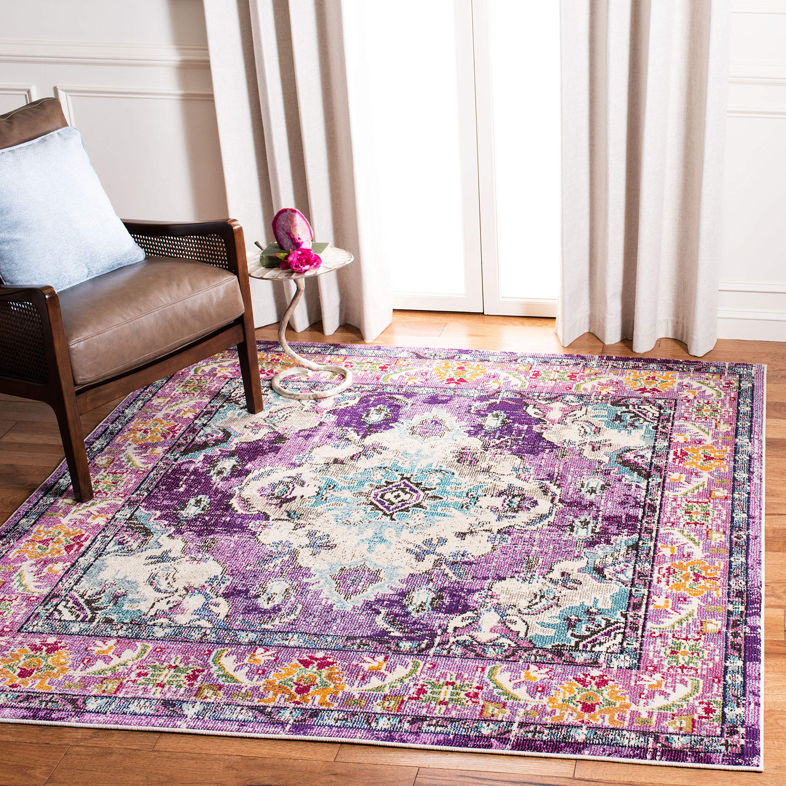 SAFAVIEH Monaco Collection Area Rug - 8'8" Square, Violet & Light Blue, Boho Chic Medallion Distressed Design, Non-Shedding & Easy Care, Ideal for High Traffic Areas in Living Room, Bedroom (MNC243L) Image