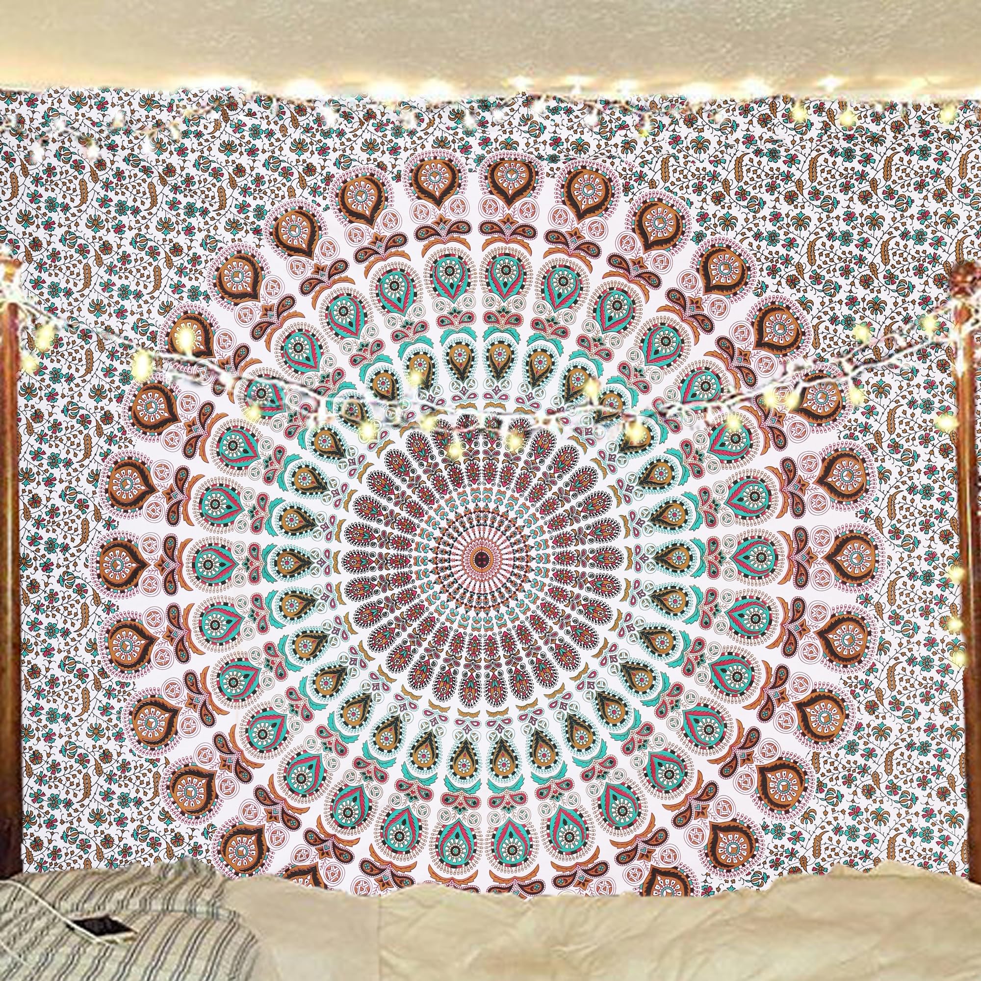 Bless International Indian hippie Bohemian Psychedelic Peacock Mandala Wall hanging Bedding Tapestry (Floral Gold, 228.60L X 213.36W cm)