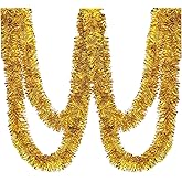 25 ft Long Roll Gold Tinsel Twist Garland, Shiny Metallic Foil Decorations for Parade Floats, Halloween, Christmas Eve, New Year Parties (4" x 25' roll, Gold)