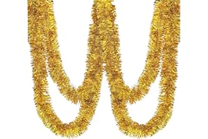BLUKEY 25 ft Long Roll Gold Tinsel Twist Garland, Shiny Metallic Foil Decorations for Parade Floats, Halloween, Christmas Eve, New Year Parties (4" x 25' roll, Gold)