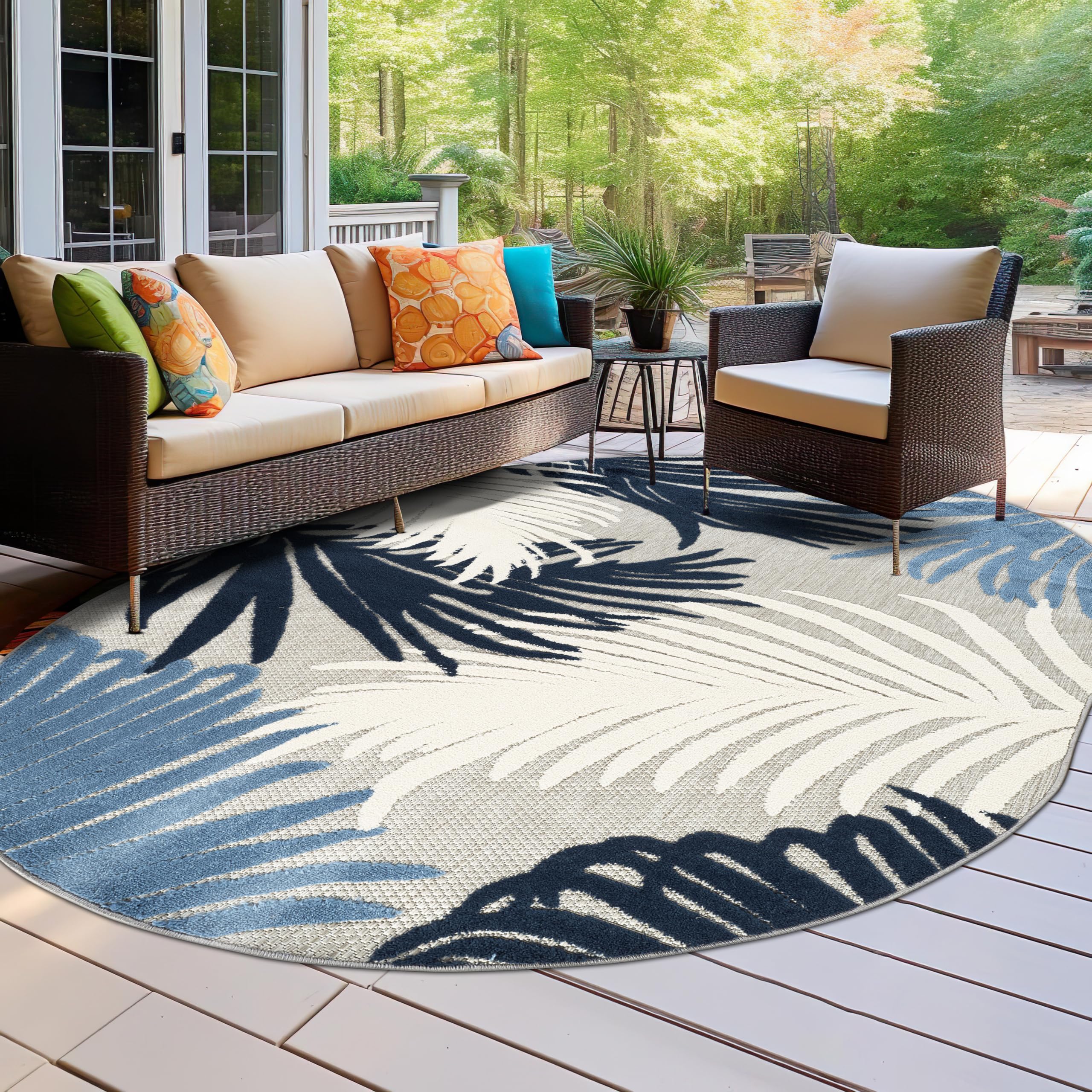 Rugshop Navy Lucca Contemporary Floral Indoor/Outdoor Oval Area Rug Durable Polypropylene, Weather Resistant, Easy to Clean Perfect for Patio, Backyard, Deck and Outdoor Lounge 5' x 7' Oval Image