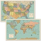 2 Pack - World Map Poster &amp; USA Map Chart [Tan/Color] (LAMINATED, 18&rdquo; x 29&rdquo;)