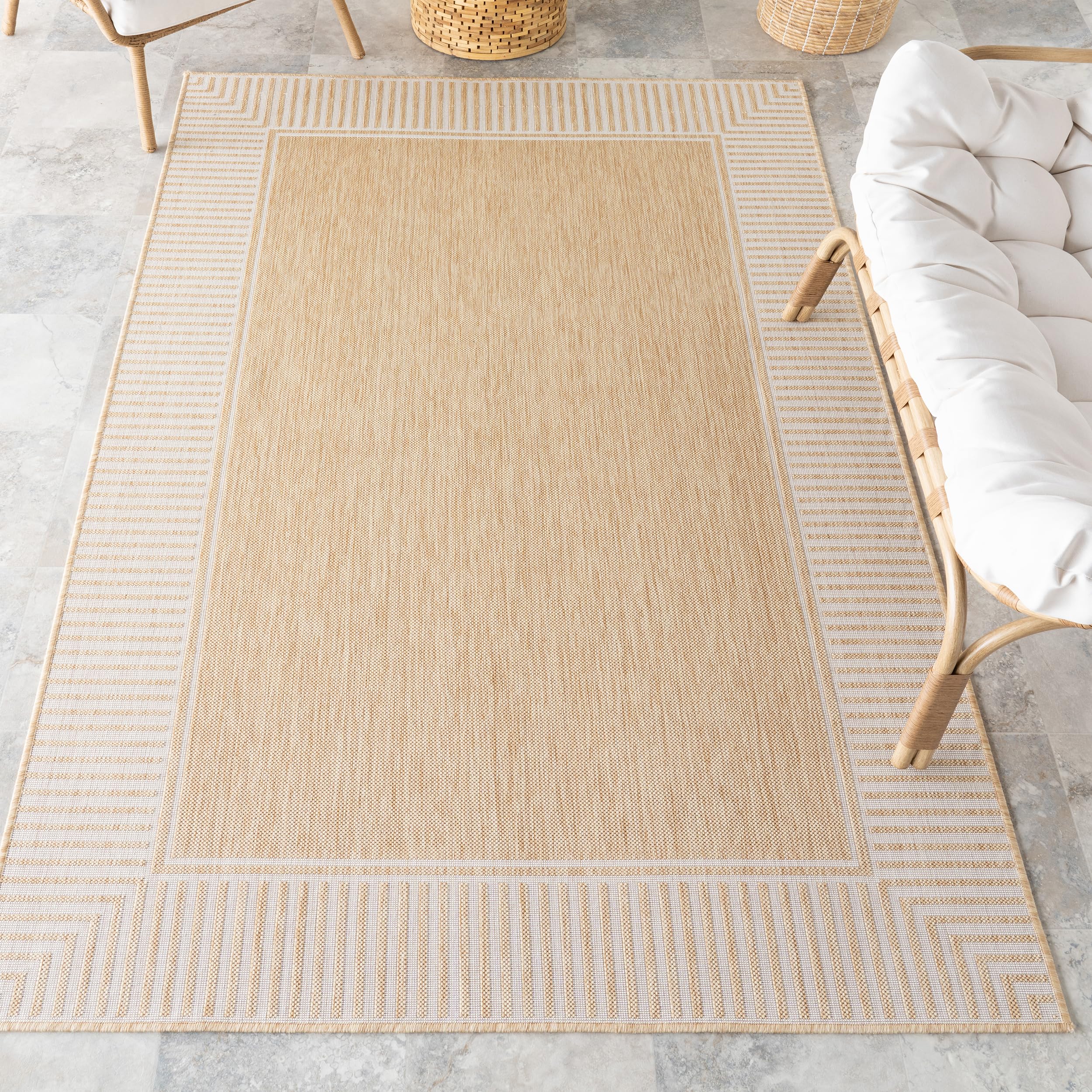 Nuloom Asha Tan/Ivory, 5' x 8', Casual, Striped Border, Soft and Cozy, High Traffic, Stain Resistant, Easy Clean, Durable Area Rug for Indoor/Outdoor Patio, Deck, Porch, Garden, Courtyard Image