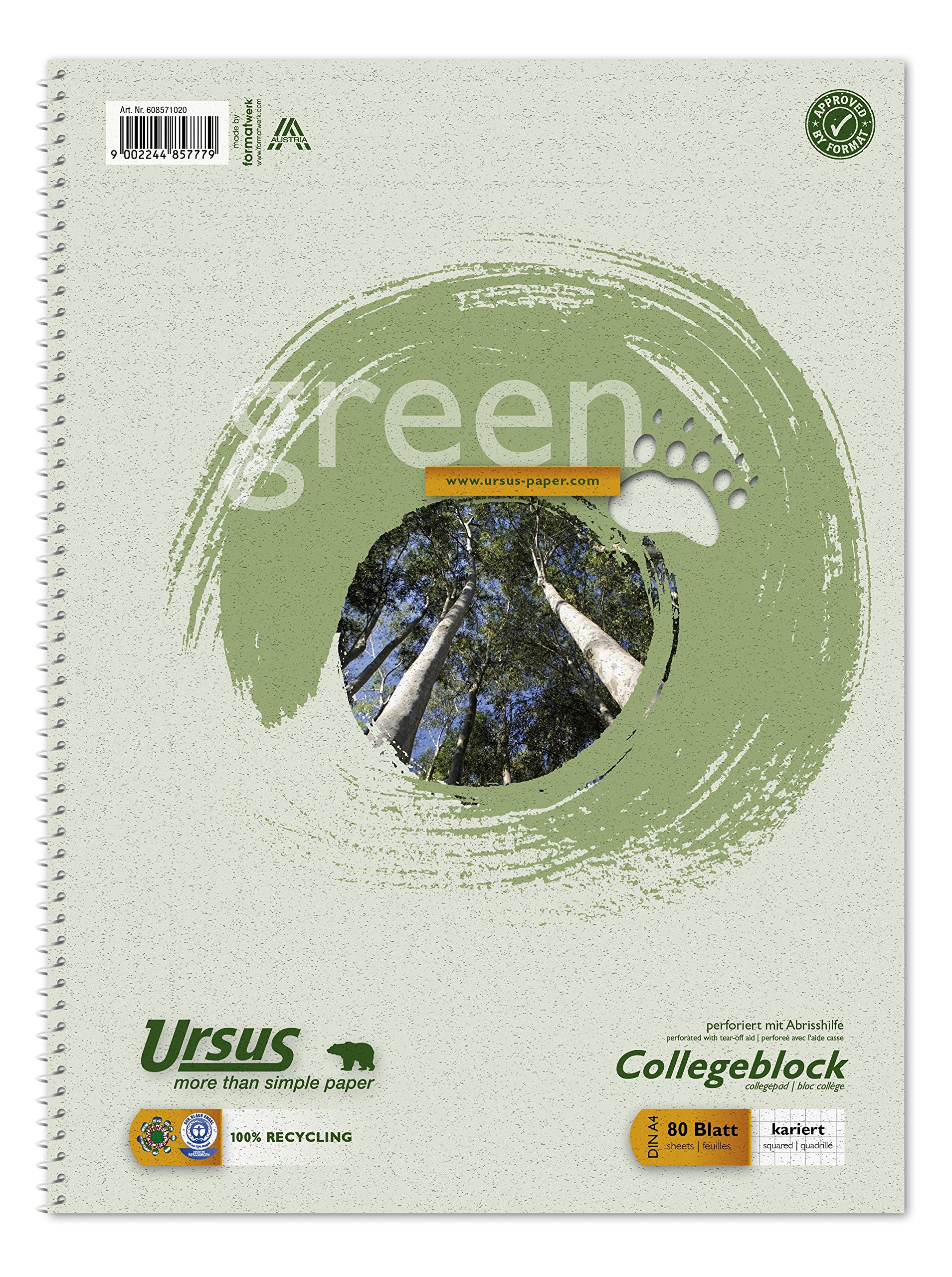 Ursus Green 608571020 A4 College Writing Pad Squared 80 Sheets, 60 g/m², 5 mm