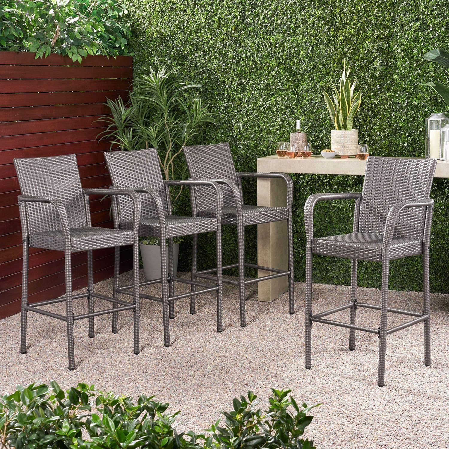Christopher Knight Home Delfina Outdoor Wicker Barstools, 4-Pcs Set, Grey: Garden & Outdoor