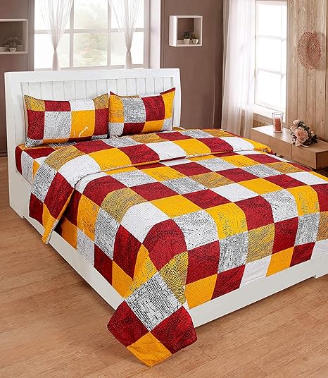 Homefab India Poly Cotton 3D HD Printed Bedsheet with 2 Pillow Covers - 88x88-inch, Maroon and Yellow