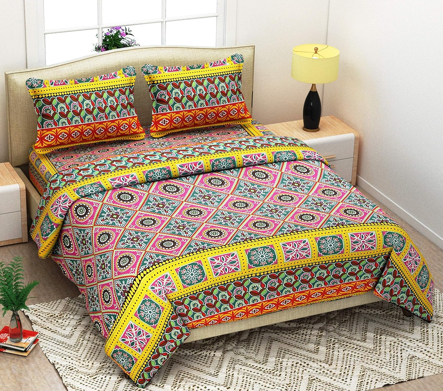 Daivik Cotton Double Bedsheet with 2 Pillow Cover(90X100 inch) Multi