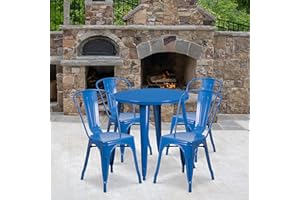 EMMA + OLIVER Commercial 30" Round Blue Metal Indoor-Outdoor Table Set with 4 Cafe Chairs