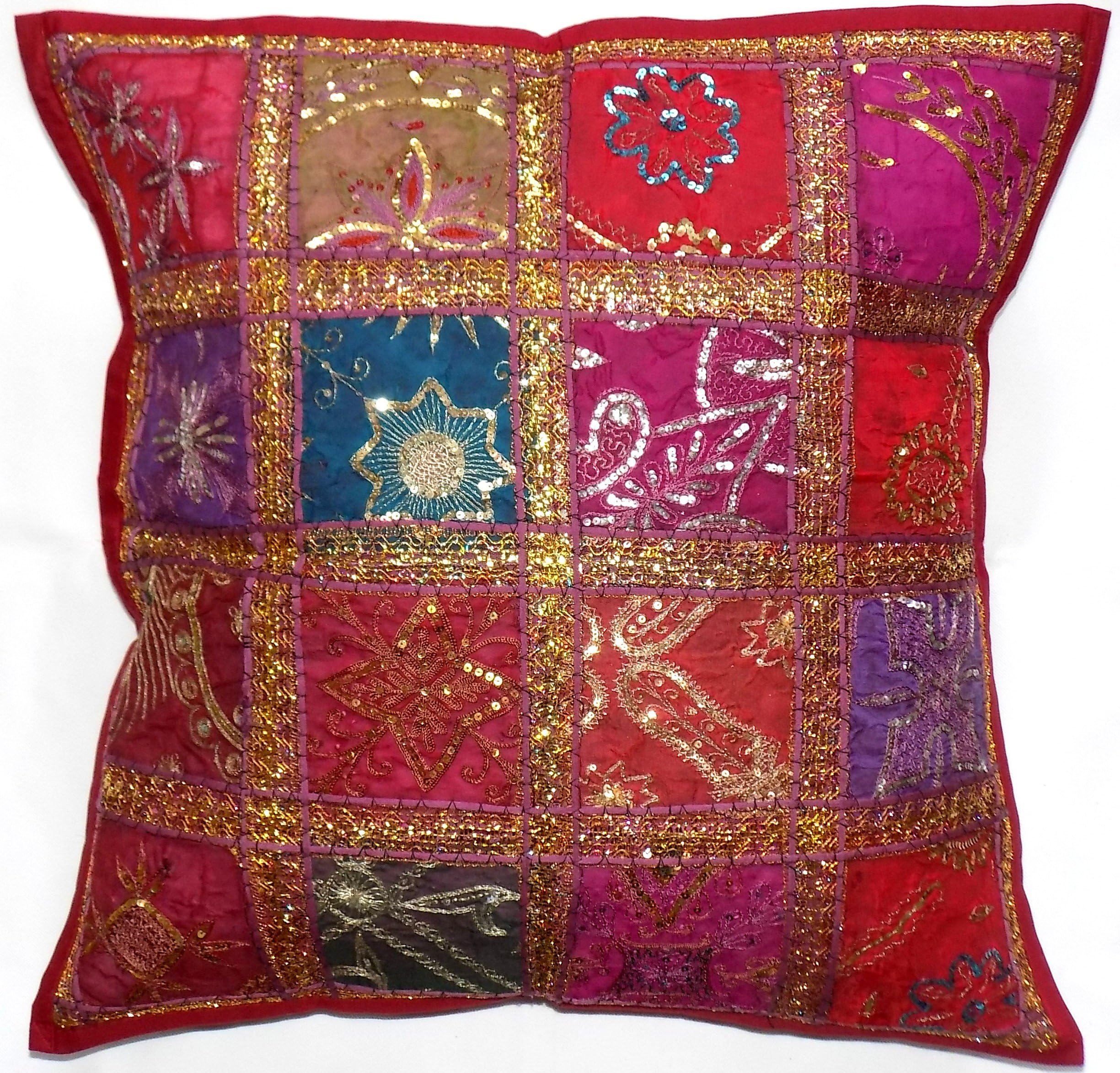 Large Zip Decorative Cushion Cover Maroon Red Wine 24x24" 60x60cm Indian Handmade Sari Patchwork Embroidered Sequin Beads Ethnic Scatter Floor Pillow Case Fits upto 26x26" (65cm)inserts