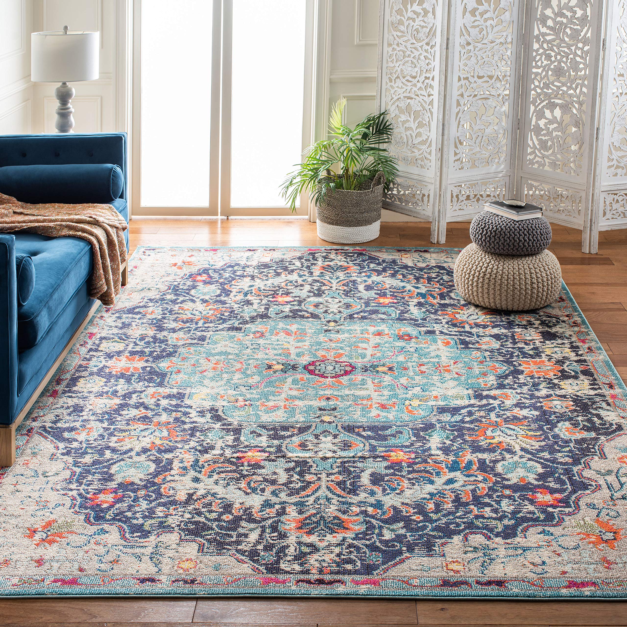 SAFAVIEH Madison Collection Area Rug - 10' x 14', Black & Teal, Boho Chic Medallion Distressed Design, Non-Shedding & Easy Care, Ideal for High Traffic Areas in Living Room, Bedroom (MAD447Z) Image