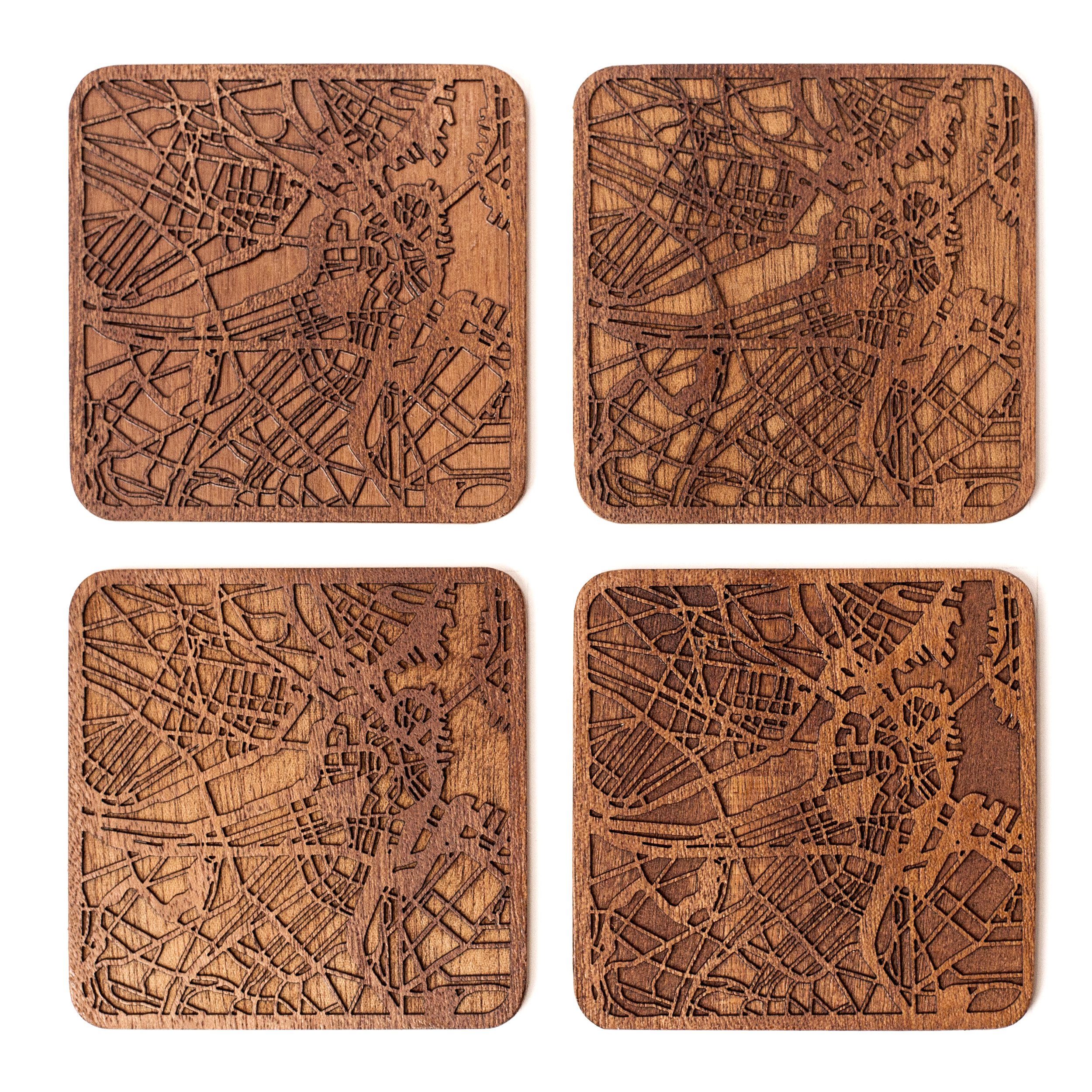 Boston Map Coaster, Set of 4, Sapele Wooden Coaster with City Map, Handmade