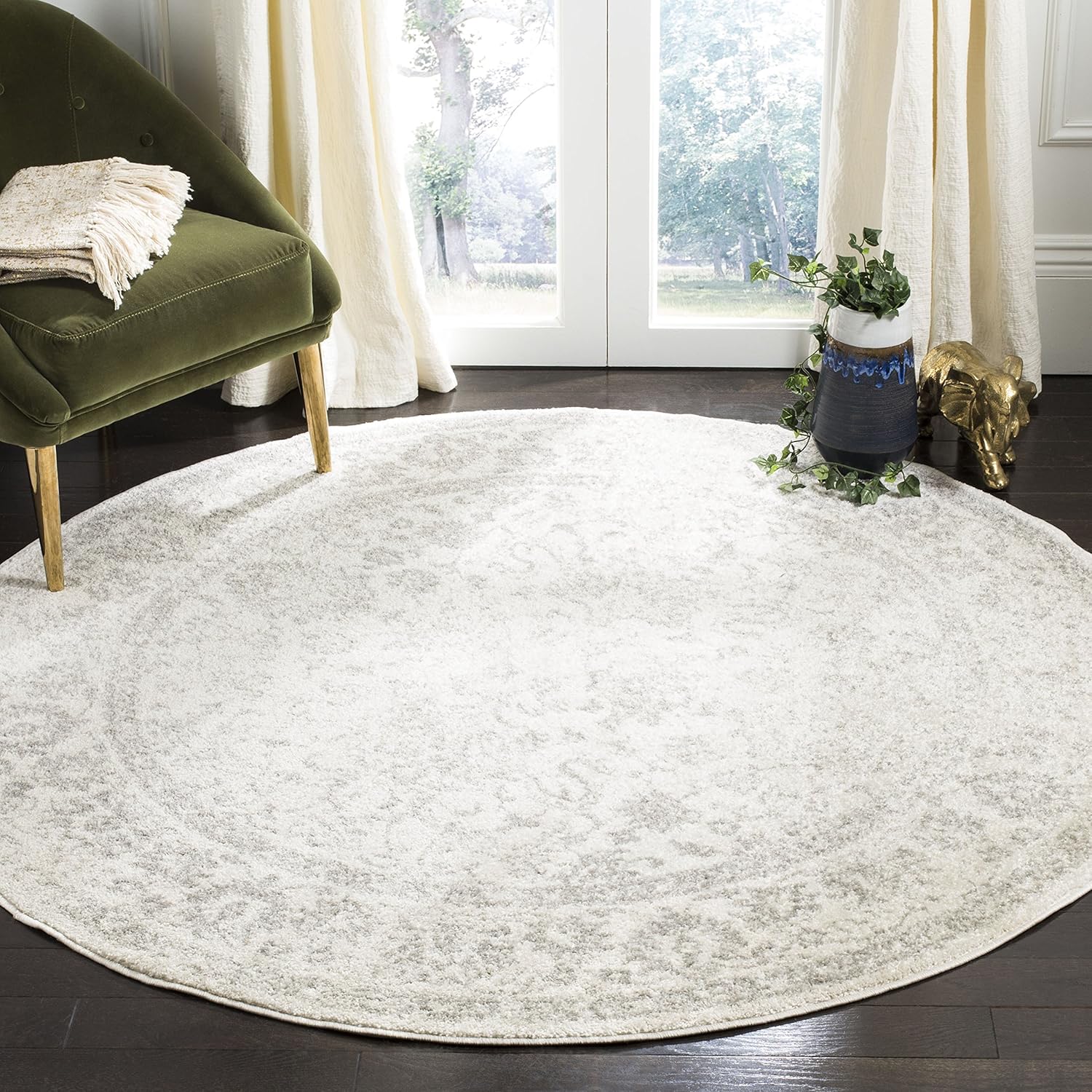 Rugs, Pads & Protectors - SAFAVIEH Adirondack Collection Area Rug - 4' Round, Ivory & Silver, Oriental Distressed Design, Non-Shedding & Easy Care, Ideal for High Traffic Areas in Living Room, Bedroom (ADR109C), 1.0