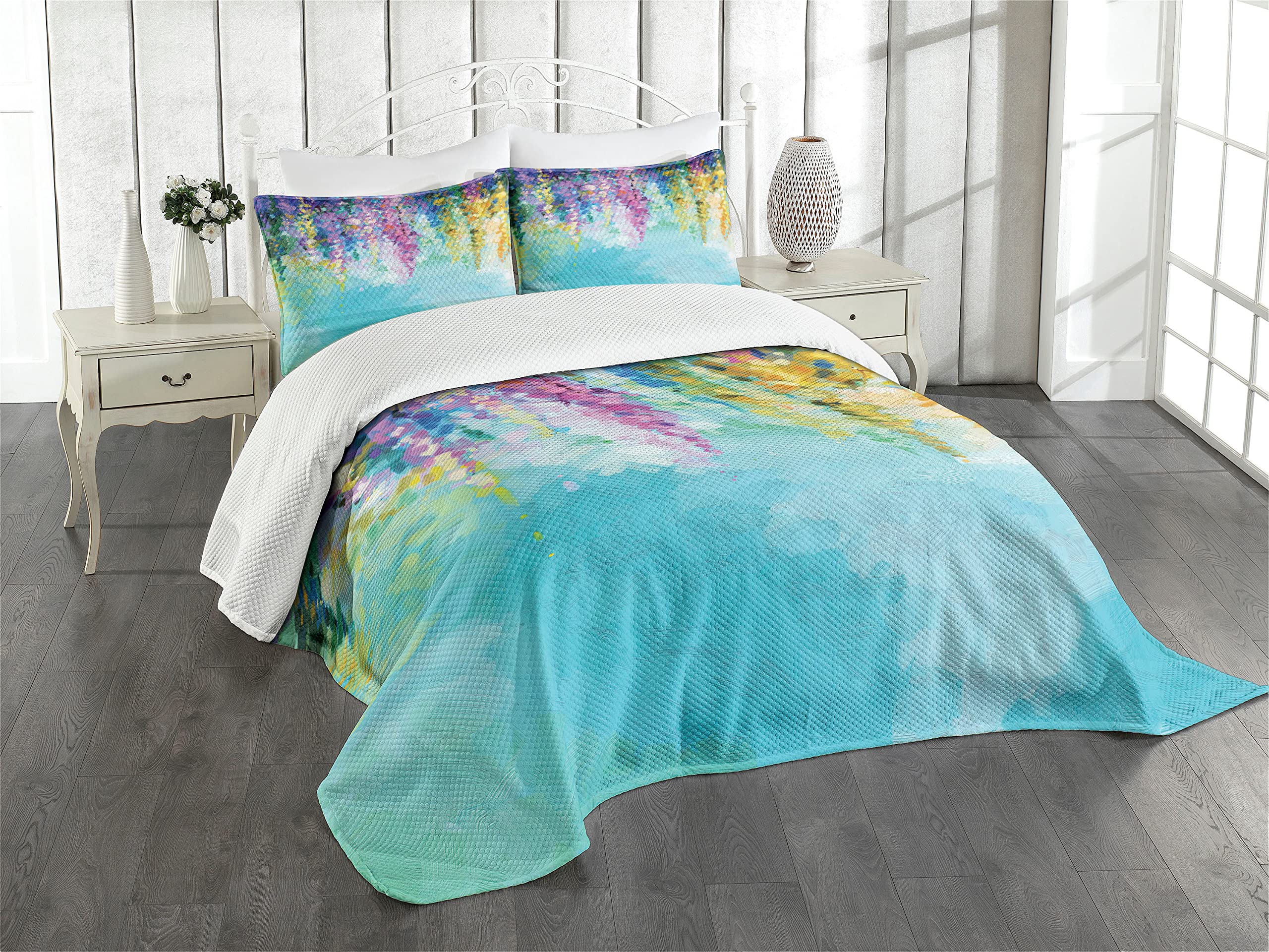 ABAKUHAUS Abstract Art Bedspread Set, Landscape Spring, Decorative Quilted 2 Piece Coverlet Set with Pillow Sham, Teal Purple