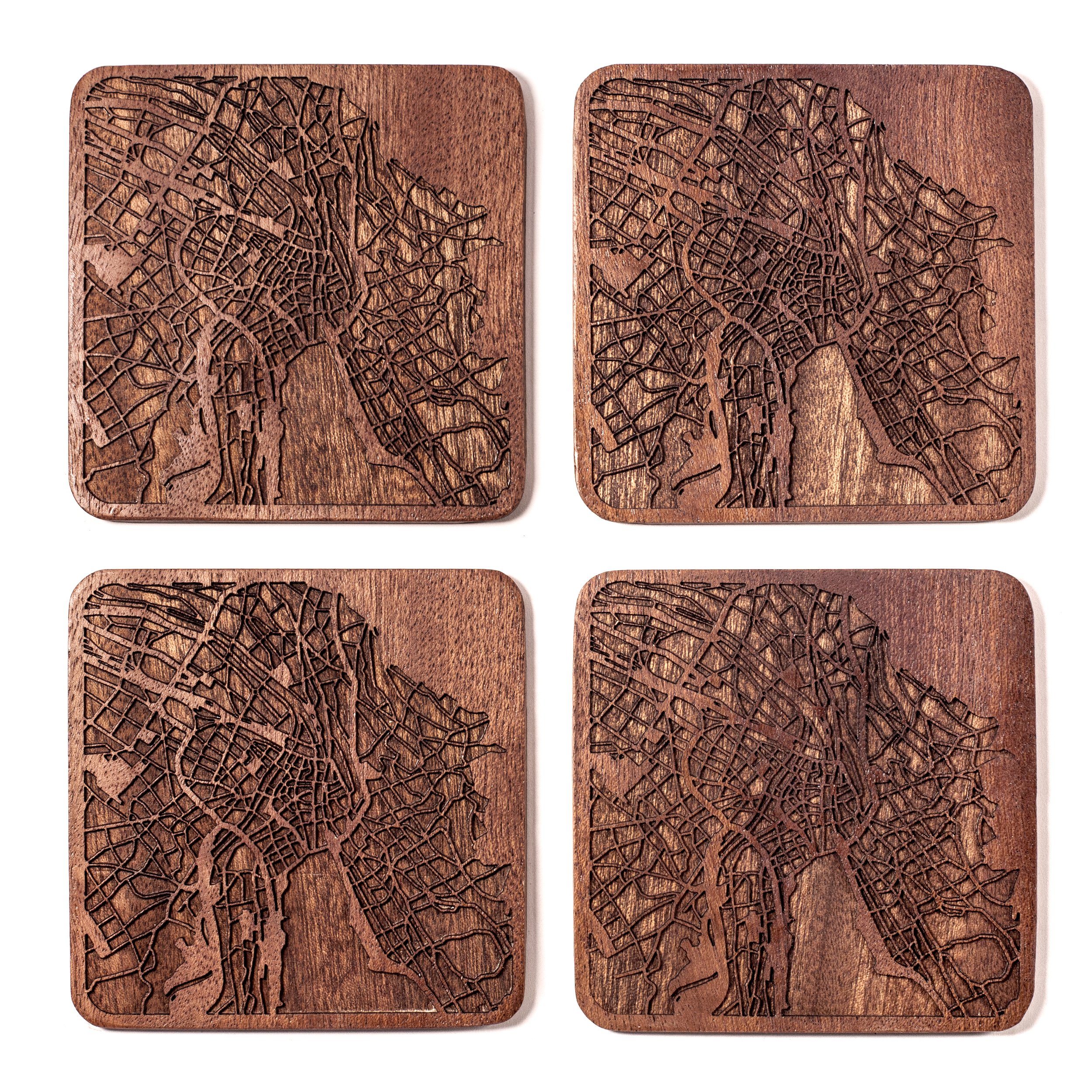 Zurich Map Coaster, Set of 4, Sapele Wooden Coaster with City Map, Handmade