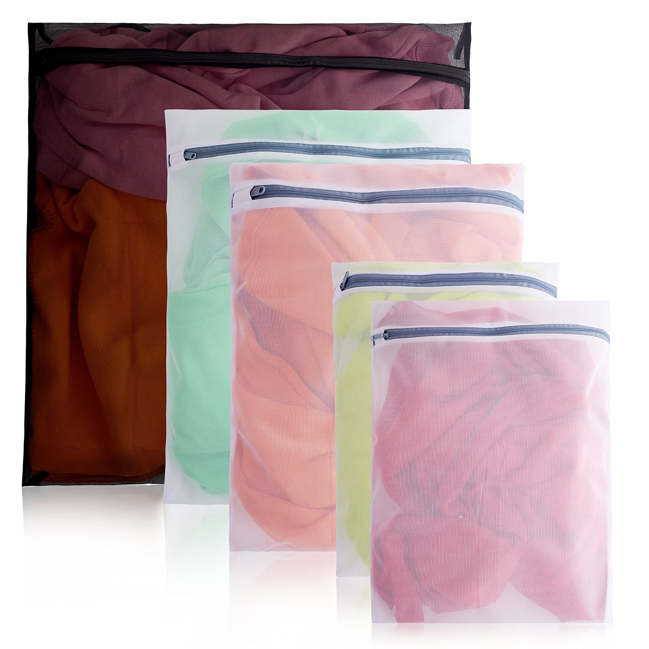 Mesh Laundry Bags for Washing Machine, Reusable Bag for Delicates Blouse Hosiery Underwear Bra Shoes Lingerie Silk Wool Baby Clothes, Trainers Set of 5 (1XL+2L+2M)
