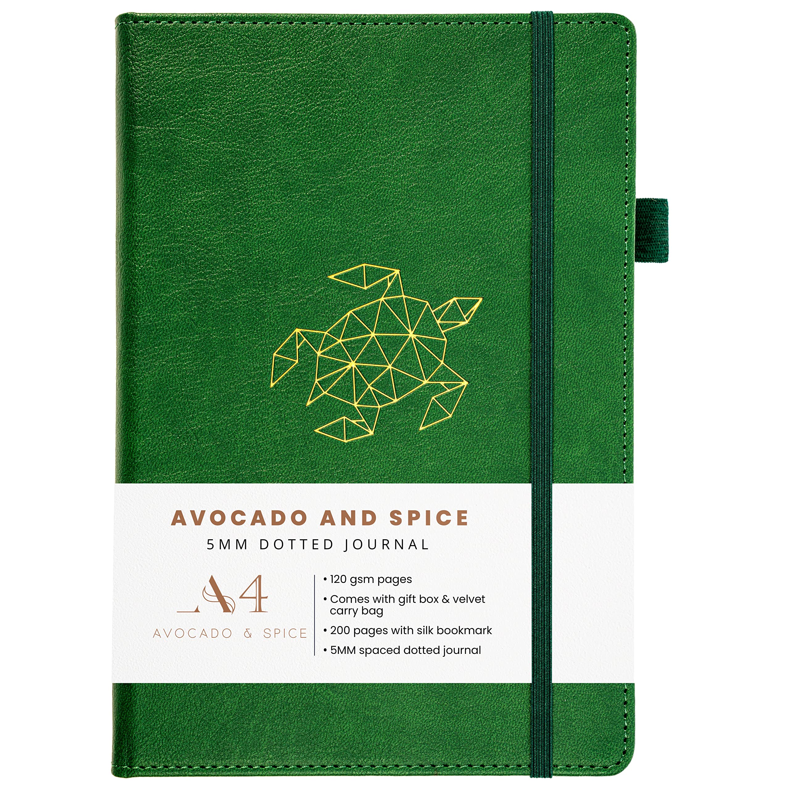 A4 Journal Notebook by Avocado and Spice® with Gift Box & Velvet Bag – Writing Pad A4 Dotted Notebook - Faux Leather Vegan Friendly with 200 Thick Page (Green, Dotted)