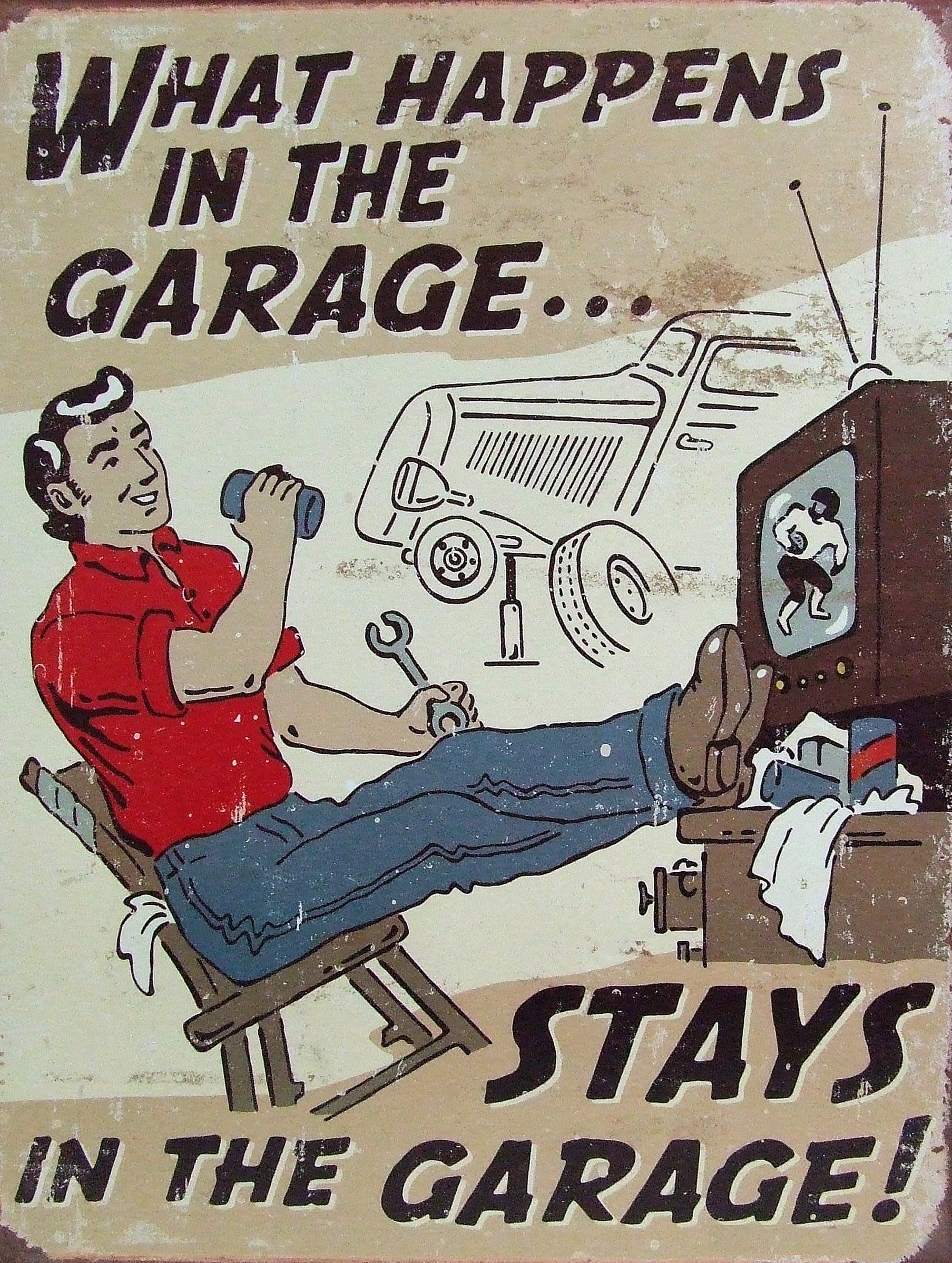 Shawprint WHAT HAPPENS IN THE GARAGE STAYS IN THE GARAGE RETRO METAL TIN WALL PLAQUE SIGN NOVELTY GIFT Home bar shed man cave (10" x 8")