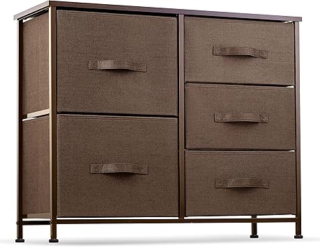Kommode Mit 5 Schubladen Mobel Aufbewahrungsschrank Fur Schlafzimmer Flur Schrank Buro Organisation Stahlrahmen Holzoberflache Leicht Zu Ziehende Stoffeimer Braun Braun Amazon De Kuche Haushalt