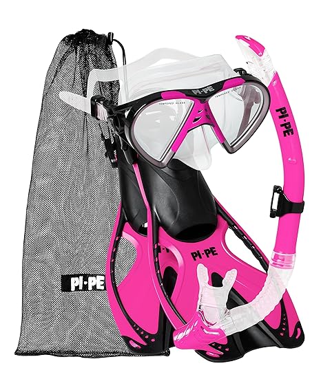 PI-PE Schnorchelset Taucherbrille mit Schnorchel und Flossen - Schnorchel Set mit Praktischem Netzbeutel - Taucherbrille mit 