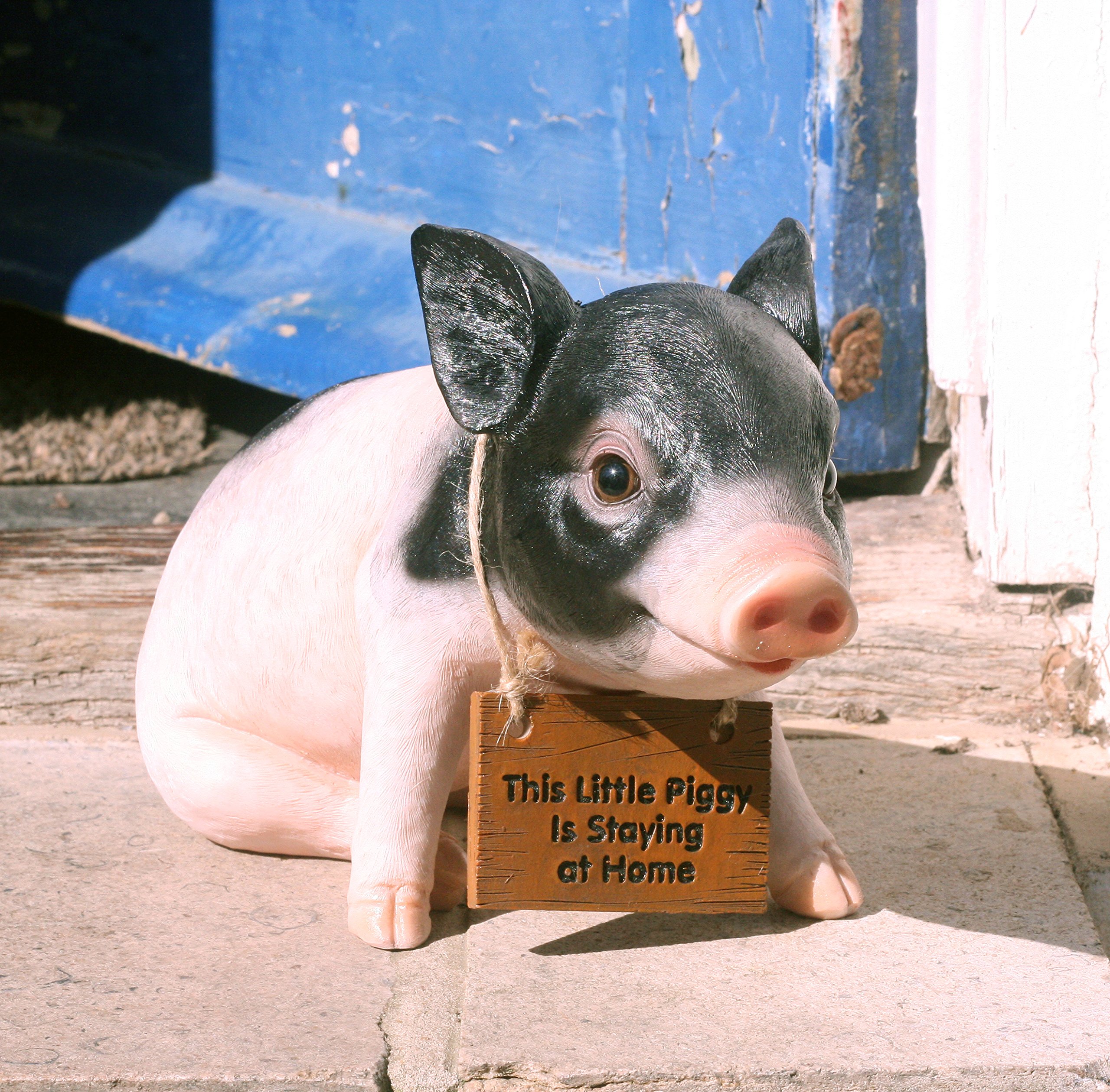 PDTXCLS Pandora Pig 27 cm Resin Garden, Porch/Doorstep Ornament with This little piggy is staying at home sign