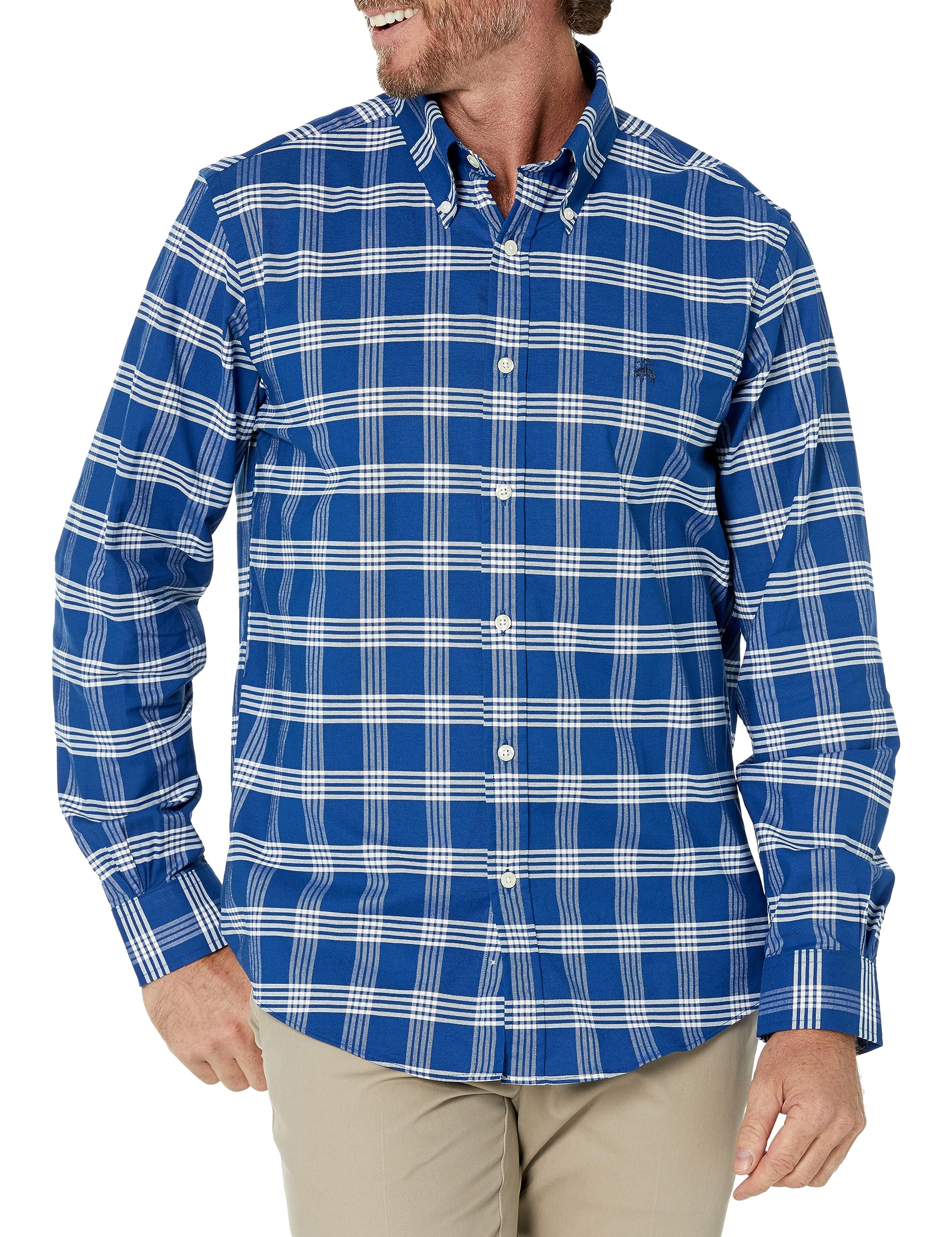 Brooks Brothers Men's Non-Iron Long Sleeve Button Down Sport Shirt, Bright Blue/White, Small Image
