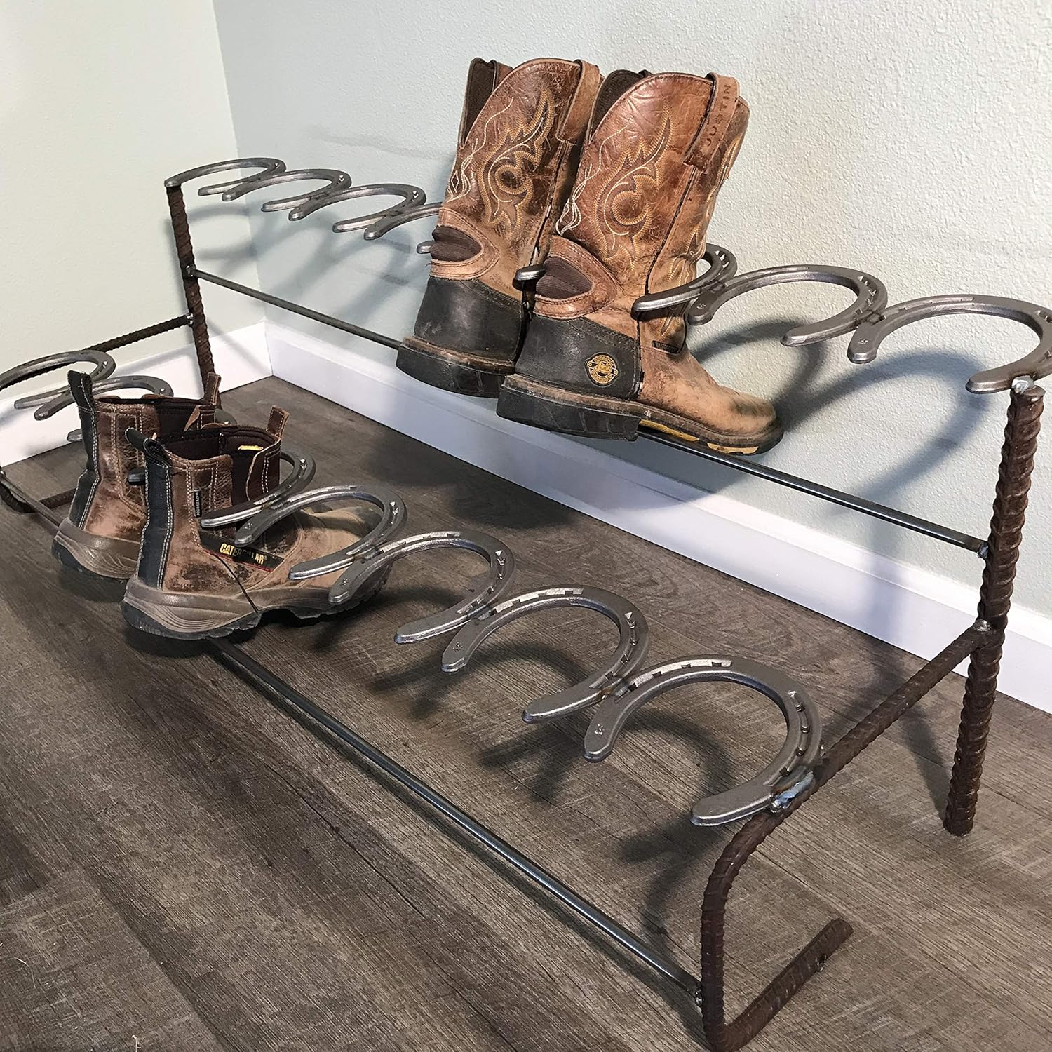 boot rack made out of horseshoes