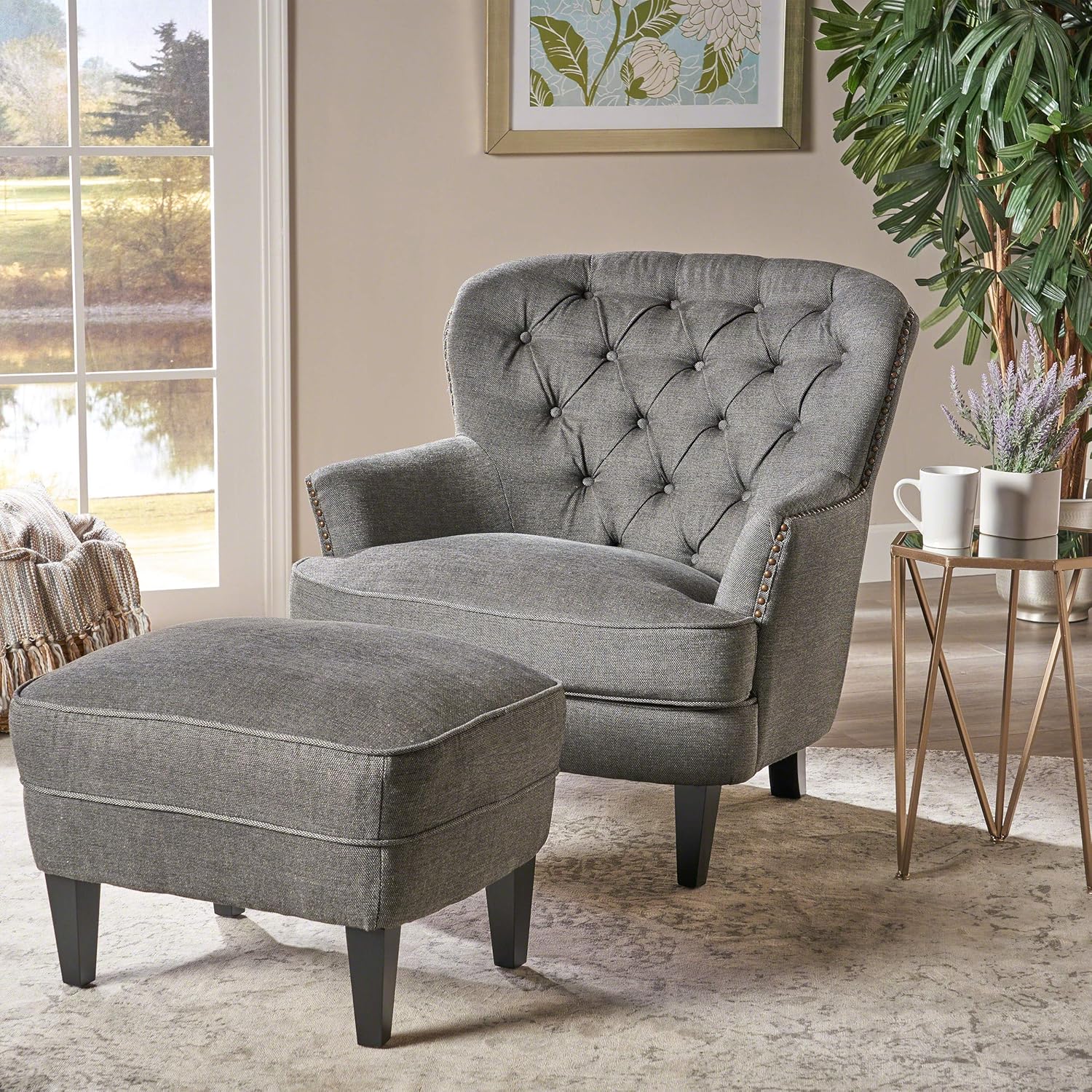 Christopher Knight Home Tafton Fabric Club Chair and Ottoman Set, 2-Pcs Set, Grey: Furniture & Decor
