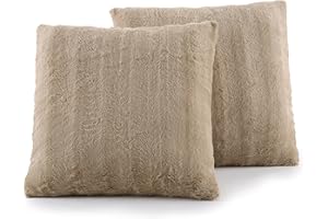 Cheer Collection Faux Fur Throw Pillows - Decorative Pillows for Couch, Bed Throw Pillows, Sand Accent Pillows for Bedroom or Living Room Aesthetic, Set of 2 Furry Throw Pillows, 18”x18”