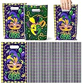 50Pcs Mardi Gras Gift Bags Yellow Green Purple Double-Sided Mask Masquerade Party Favor Plastic Goodie Treat Bags with Handles for Fat Tuesday New Orleans Carnival Holiday Party Supplies Decorations